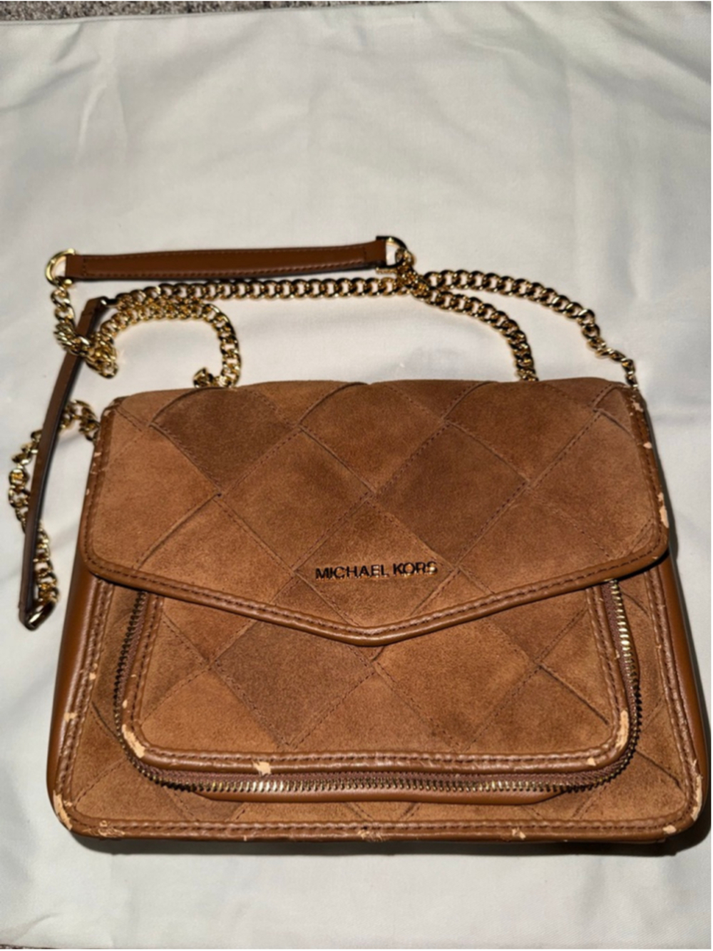 Michael Kors Regina Quilted Leather Flap Bag Brown Gold Chain Crossbody - Picture 2 of 7